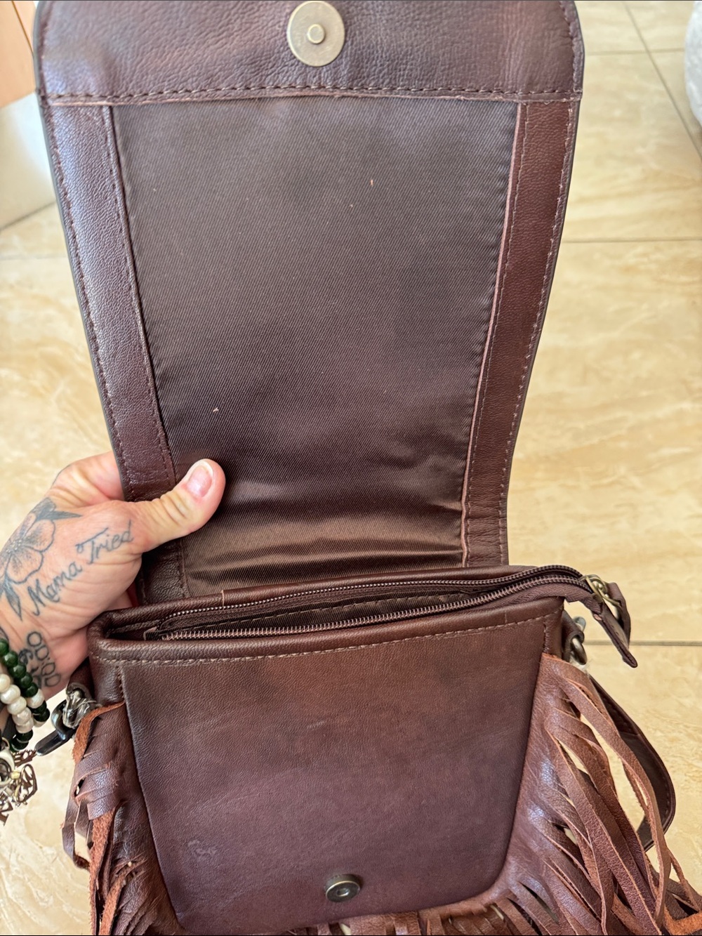 Source Unknown Brown Tooled Leather Fringe Crossbody Bag with Turquoise Accent - Picture 4 of 5
